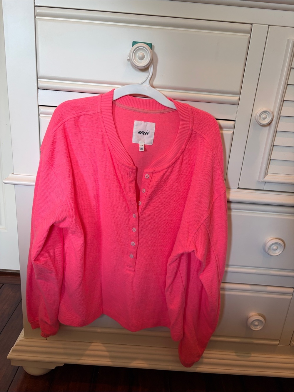 aerie Pink Waffle-Knit Henley Sweatshirt
